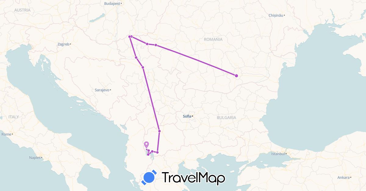 TravelMap itinerary: driving, train in Macedonia, Romania, Serbia (Europe)
